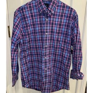 Tailorbyrd Long‎ Sleeve Button Down Shirt Blue and Pink Plaid Men's Size L Soft